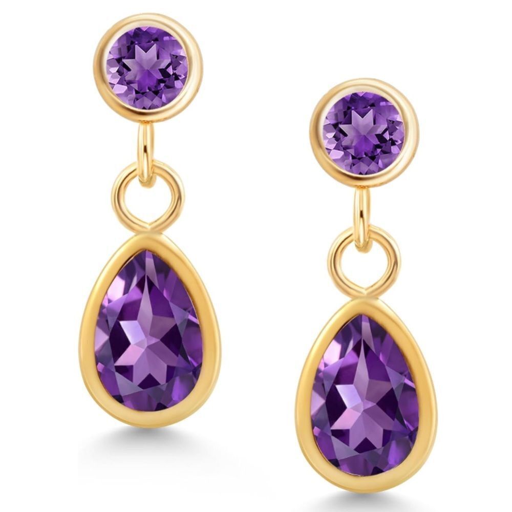 14K Yellow Gold with 0.92 Cttw Amethyst Dangling Post Back Drop Earrings